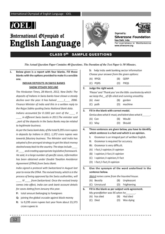 English Olympiad Class 9 - Sample question paper 05