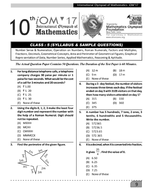 CLASS 5 IOM MATHS OLYMPIAD OFFICIAL SAMPLE QUESTION PAPER - Olympiad tester