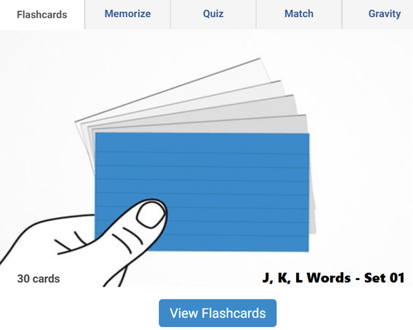 Online Flashcards to learn J, K, L Words - Set 01
