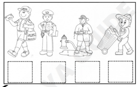 A kindergarten worksheet featuring pictures of community helpers and their respective vehicles, with spaces for matching and coloring.