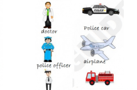 A kindergarten worksheet featuring pictures of community helpers and their respective means of transportation, with spaces for matching.