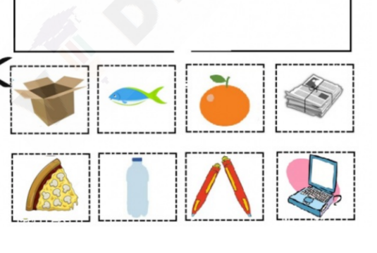 A kindergarten worksheet featuring pictures of various items, with a box at the top for recycled items to be pasted in.