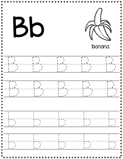 Alphabet worksheet for kindergarten on letter B tracing.