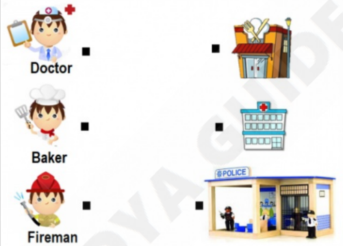 A worksheet with pictures of a doctor, baker, fireman, police officer, and teacher, along with pictures of the buildings where they work. Children are instructed to draw lines matching each helper to their respective workplace.