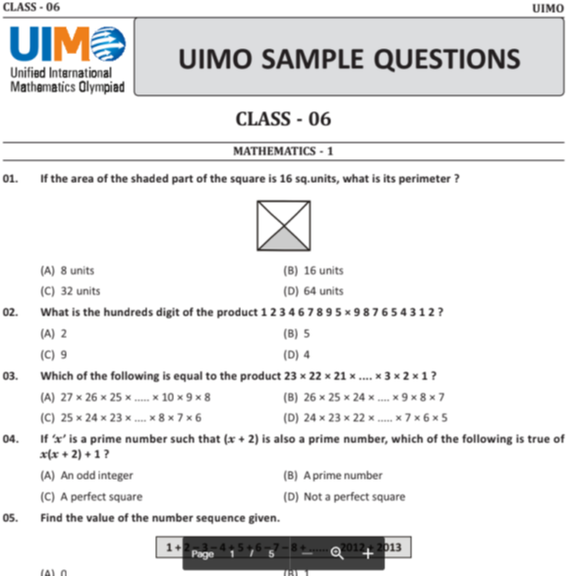 DOWNLOAD CLASS 6 UIMO OFFICIAL SAMPLE QUESTION PAPER