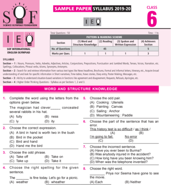 OFFICIAL CLASS 6 IEO ENGLISH OLYMPIAD SAMPLE QUESTION PAPER