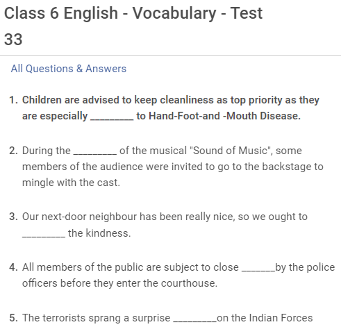 This a free practice test on english vocabulary for Class 6 IEO and other english olympiads and is based on the syllabus of class 6 english olympiads .