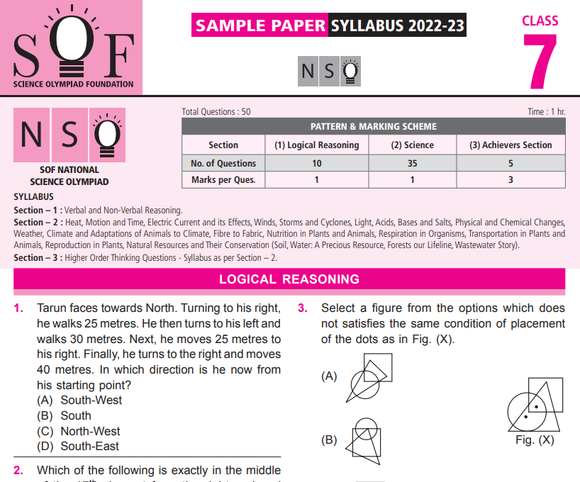 Class 7 NSO sample paper from SOF to be used as study material for Class 7 science Olympiad exam preparation 