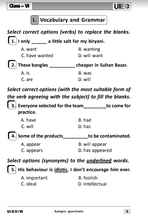 OFFICIAL CLASS 6 UIEO ENGLISH OLYMPIAD SAMPLE QUESTION PAPER