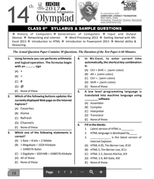 CLASS 6 iIO OFFICIAL SAMPLE PAPER