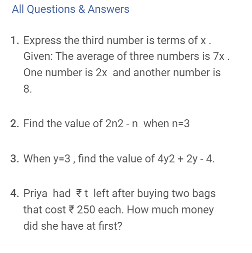 Class 6 Maths - Algebra - Test 01