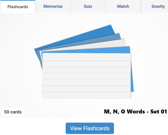 Online Flashcards to learn M, N, O Words - Set 01