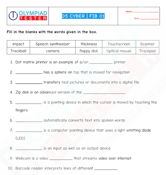 Cyber Olympiad Class 5 - Sample papers - Fill in the blanks