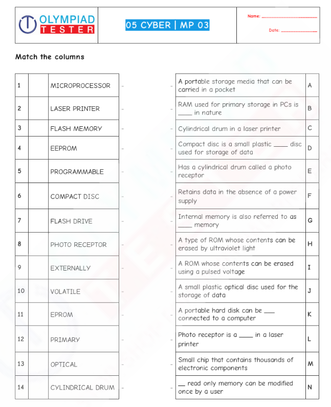 Cyber Olympiad Class 5 - Sample papers - Column matching
