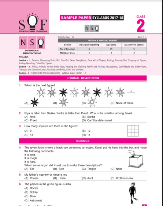 Download Class 2 NSO free sample paper along with syllabus and exam pattern as issued by Science Olympiad foundation (SOF). This sample paper is a good reference for your Class 2 NSO Science Olympiad exam preparation.