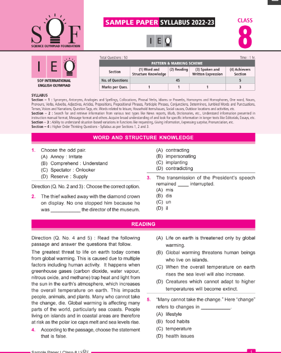 Class 8 IEO English Olympiad sample question paper - Olympiad tester