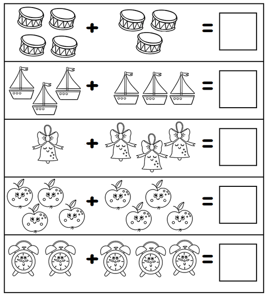  A kindergarten worksheet with boxes containing different objects to be counted and added up, with space to write the answers.