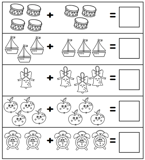  A kindergarten worksheet with boxes containing different objects to be counted and added up, with space to write the answers.