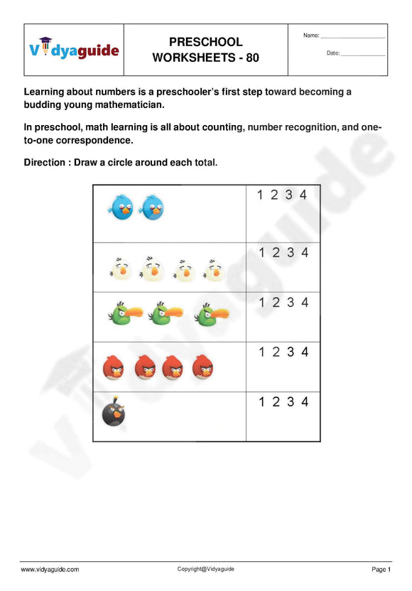 vDownload free printable Preschool worksheets - 80
