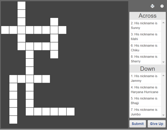 online crossword puzzle for kids - famous indian cricketers
