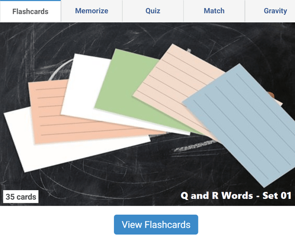 Online Flashcards to learn Q, R Words - Set 01