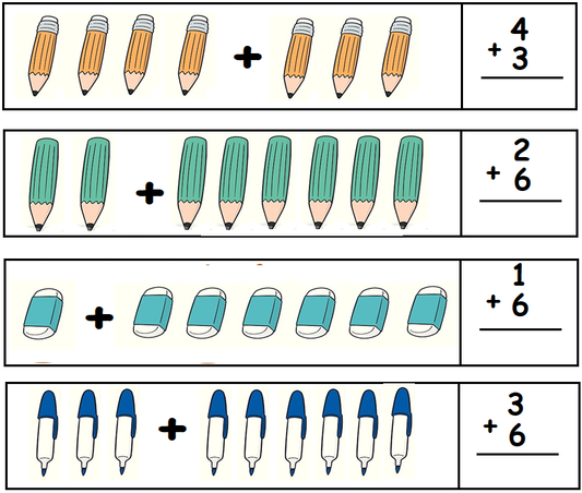 Illustration of pencils, erasers, and markers in boxes for kindergarten addition worksheet.