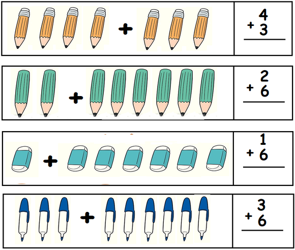 Illustration of pencils, erasers, and markers in boxes for kindergarten addition worksheet.