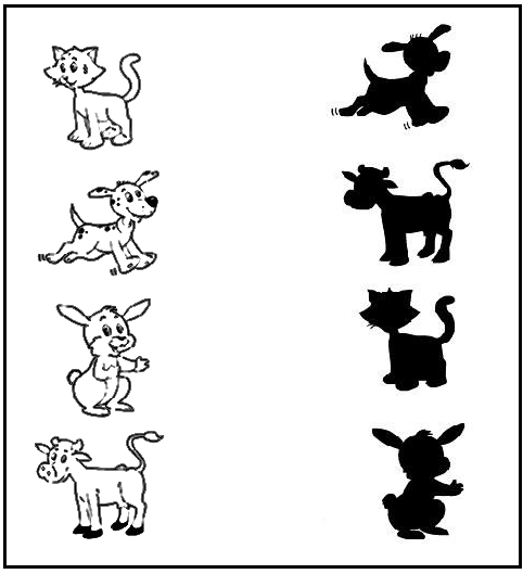 Download this free printable kindergarten animal shadow matching worksheet as PDF.
