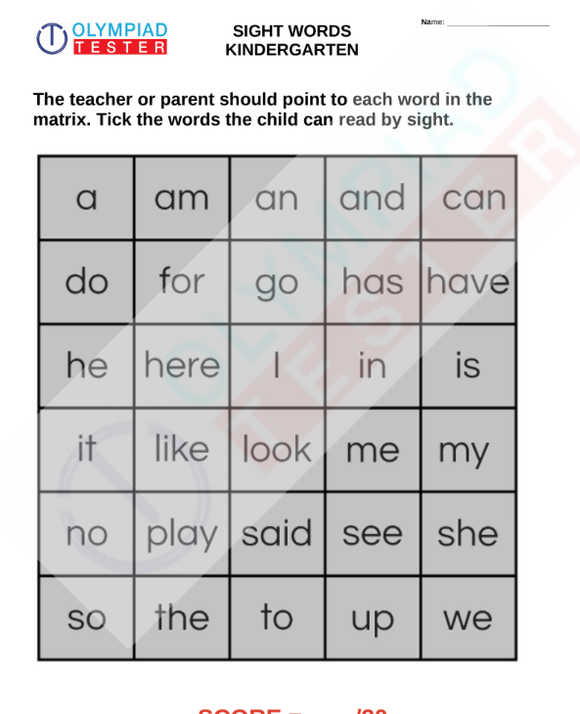 Kindergarten sight words - Assessment worksheet
