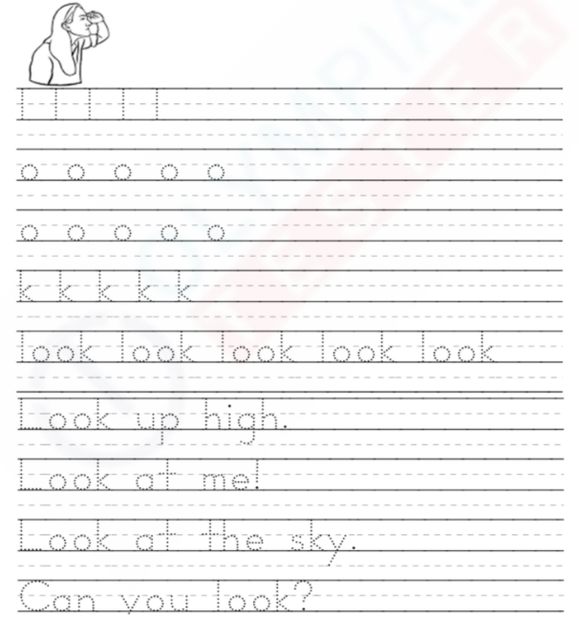 Tracing sight word worksheet with dotted 'look' letters and simple sentences for kindergarten students