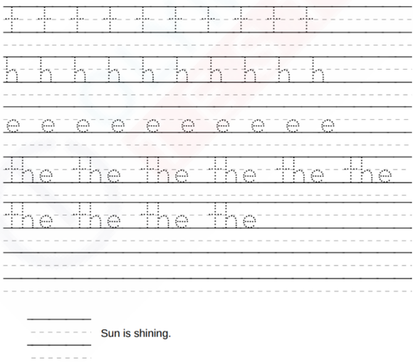 Handwriting practice sheet with the sight word 'the'. Tracing and writing practice for kids. Free printable kindergarten worksheet.