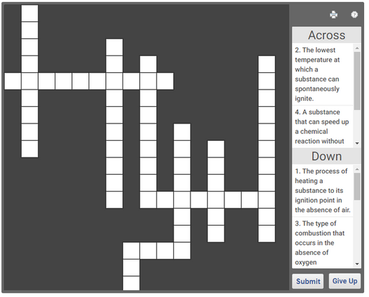 Grade 8 Science online crossword - Combustion