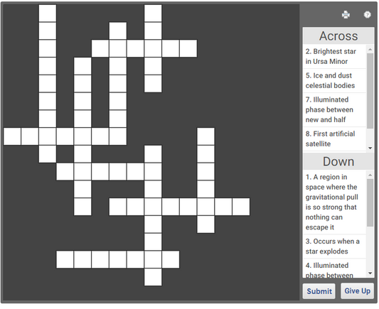 Grade 8 Science online crossword - Stars and solar system
