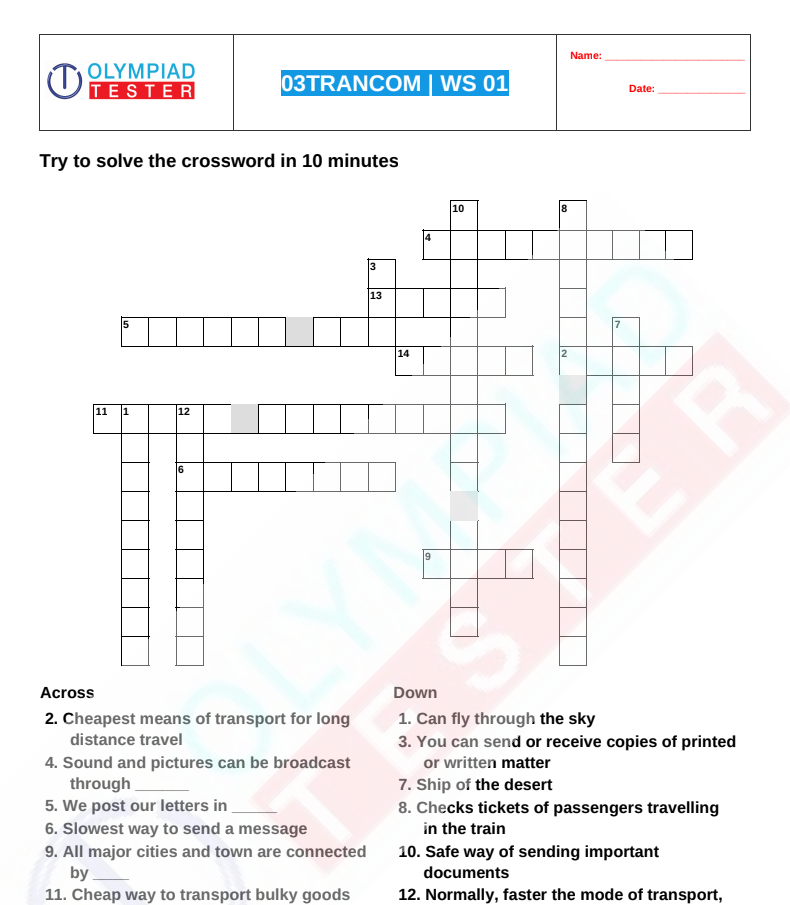 Science crossword Transport and communication Olympiad tester