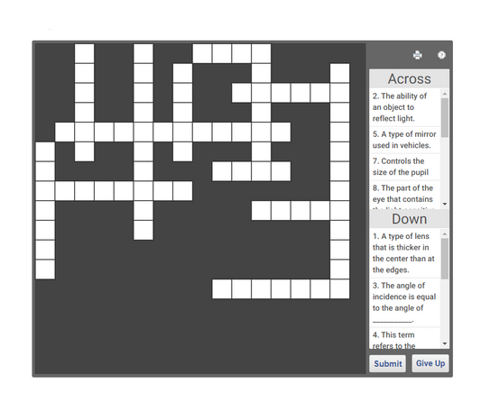 Online Science crossword - Grade 8 - Light