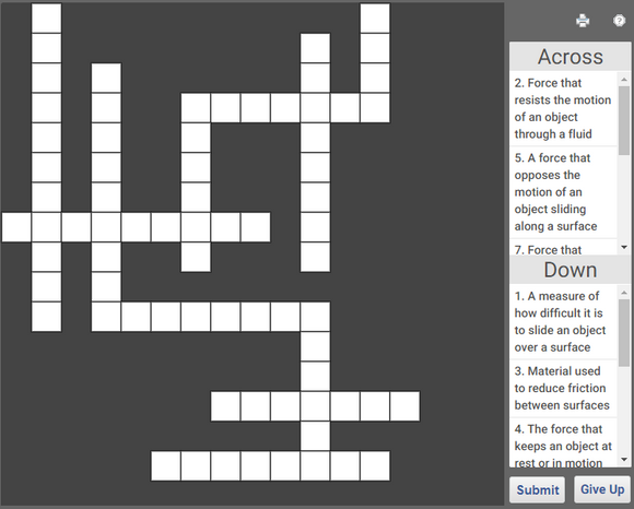 Grade 8 Science online crossword puzzle - Friction