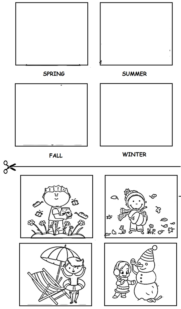 Download and print free preschool worksheet on weather and seasons in PDF form.