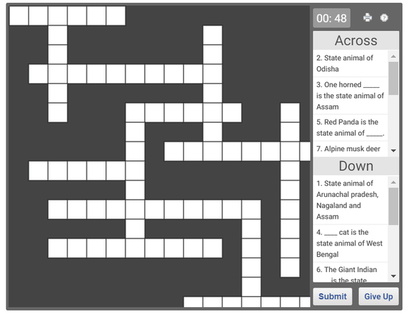 Online crossword puzzle for kids - State Animals of India