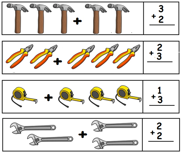 Image of  tools such as hammers, screwdrivers, and wrenches for kindergarten addition worksheet.