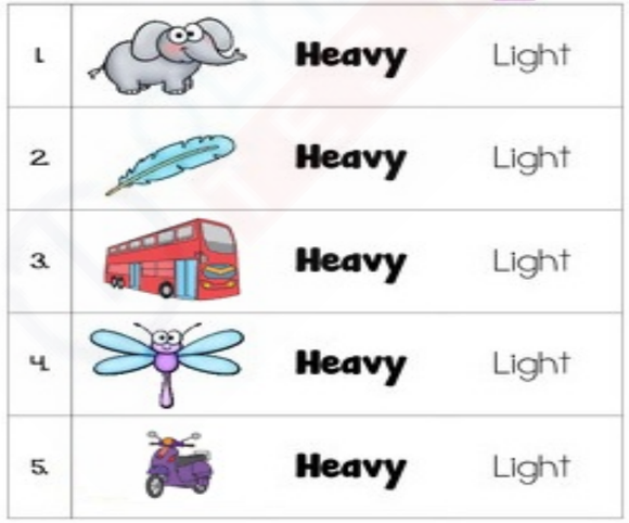 Free kindergarten worksheet on weight and descriptive vocabulary. Pictures include an elephant, feather, dragonfly, double decker bus, and scooter. Students circle 'heavy' or 'light' to describe each object.