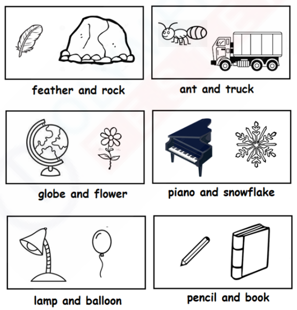 Measurement worksheet: Heavy or Light? Black and white cliparts of objects to compare weight. Free kindergarten math worksheet.