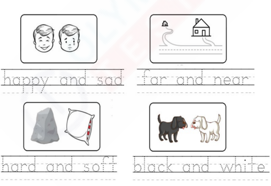Trace Opposites Worksheet: Happy/sad faces, near/far houses, black/white dogs, hard/soft rock. Free kindergarten worksheet.