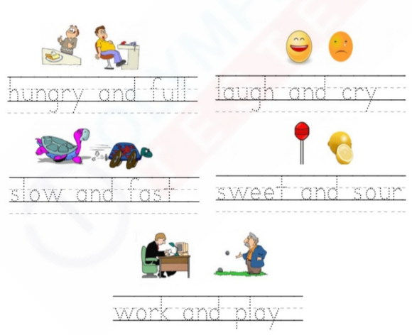 Trace and match opposites: colored clipart of full/hungry, laugh/cry, slow/fast, sweet/sour, work/play. Free kindergarten worksheet.