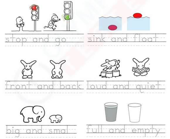 Free Kindergarten Worksheets: Opposites Clipart with 6 pairs of black and white images representing stop/go, sink/float, front/back, loud/quiet, big/small, full/empty.