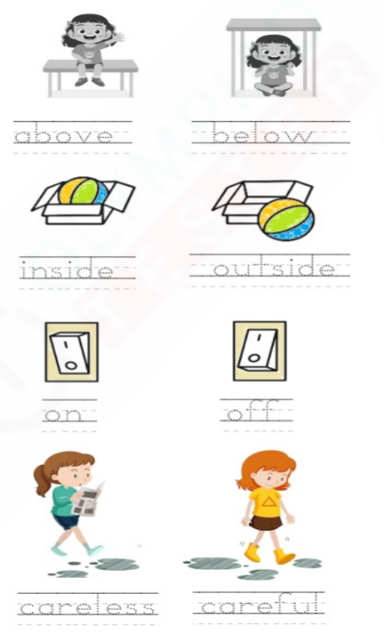 Free English writing worksheet for kindergarten. Trace pairs of opposite words with fun, colorful pictures. Improve language and writing skills! #writingworksheet #kindergartenwriting #oppositewords #englishlanguage #freeworksheet