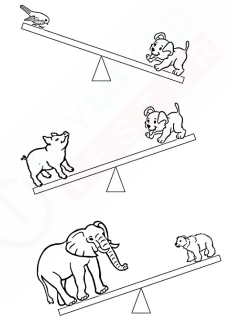 Free Kindergarten Worksheet: Balancing Act with Animals - Compare and color the heavier one in each of the three balance scales.