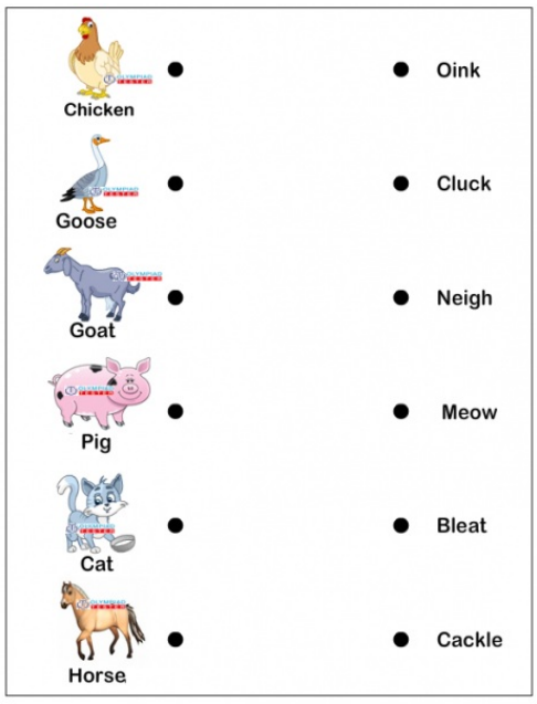 Kindergarten worksheet with cartoon animal illustrations, sound words & lines for matching exercise. Includes chicken, goose, goat, pig, cat & horse.