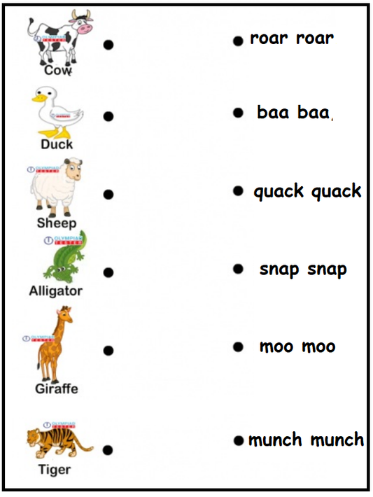 Colorful kindergarten worksheet with animal illustrations and lines for matching sounds. Animals include cow, duck, sheep, alligator, giraffe, and tiger.