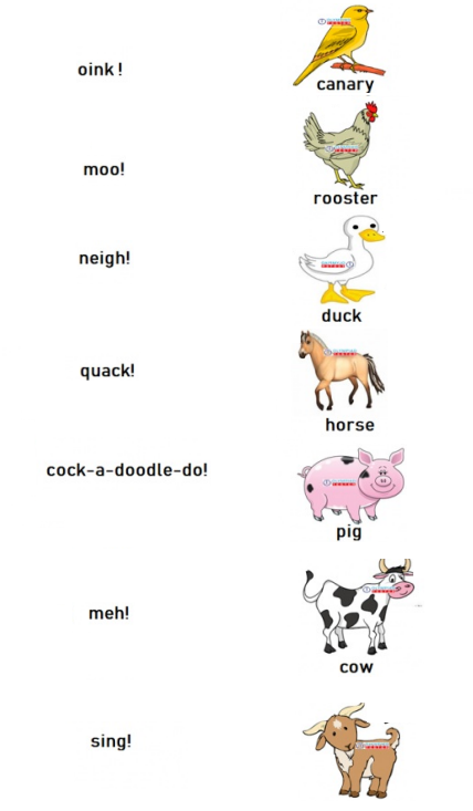 Colorful animal sound matching worksheet with pictures of canary, rooster, duck, horse, pig, cow, and goat. Perfect for young children. Free download.