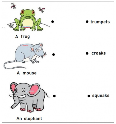 Match animal sounds: Frog, mouse, elephant. Draw lines to match the sounds. Free kindergarten worksheet.
